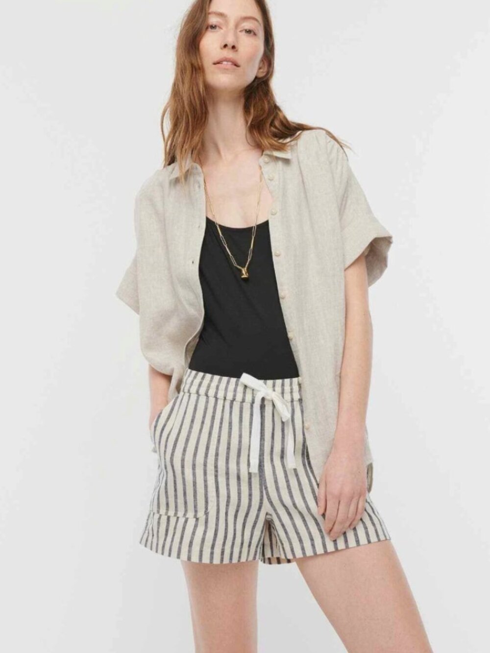 NWT J. Crew Women's Cream Striped Seaside Pull On Drawstring Shorts Medium